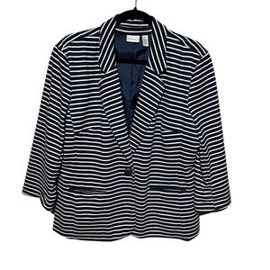 KIM ROGERS XL NAVY/WHITE STRIPPED ONE-BUTTONED BLAZER 3/4 SLEEVE LIKE NEW